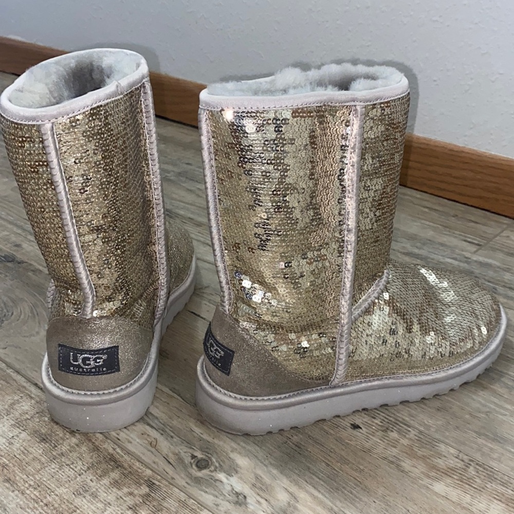 worn couple times, soles and inside fur are very nice, sequins are intact